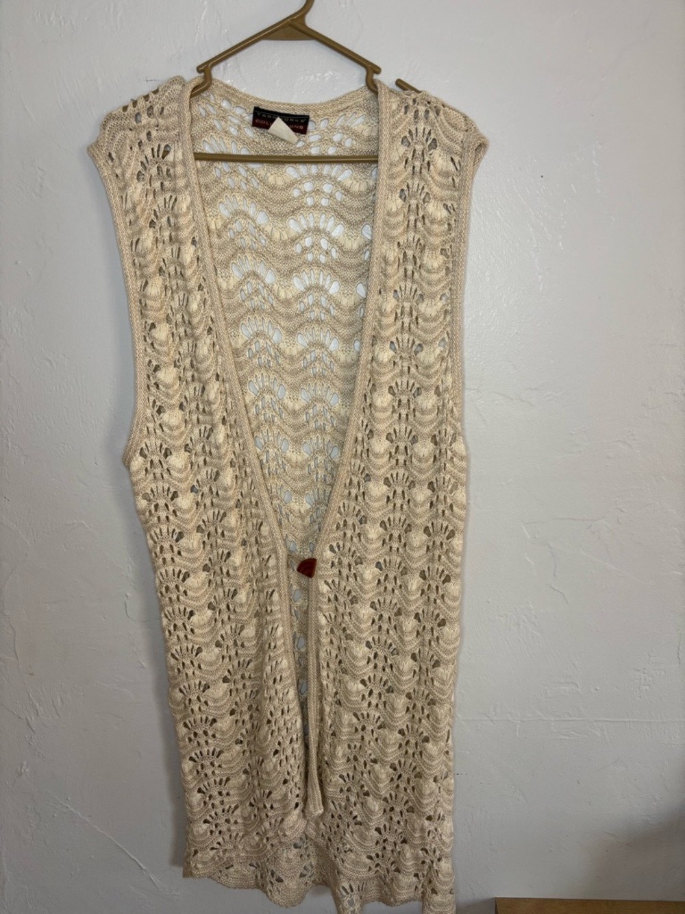 Crochet Open-Front Long Vest in Cream